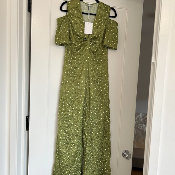 NWT Ganni Satin V-Neck Maxi Dress Sz 38 Going Green Cut-out Shoulder Front Slit - Picture 6 of 12